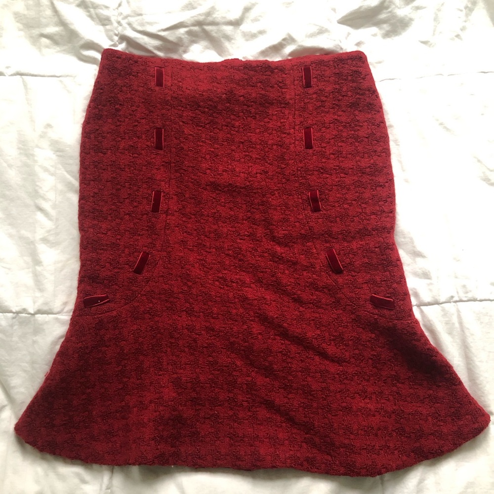 euc Pamella Roland Canada thick red boucle wool knit knee bell skirt 10 12 L XL